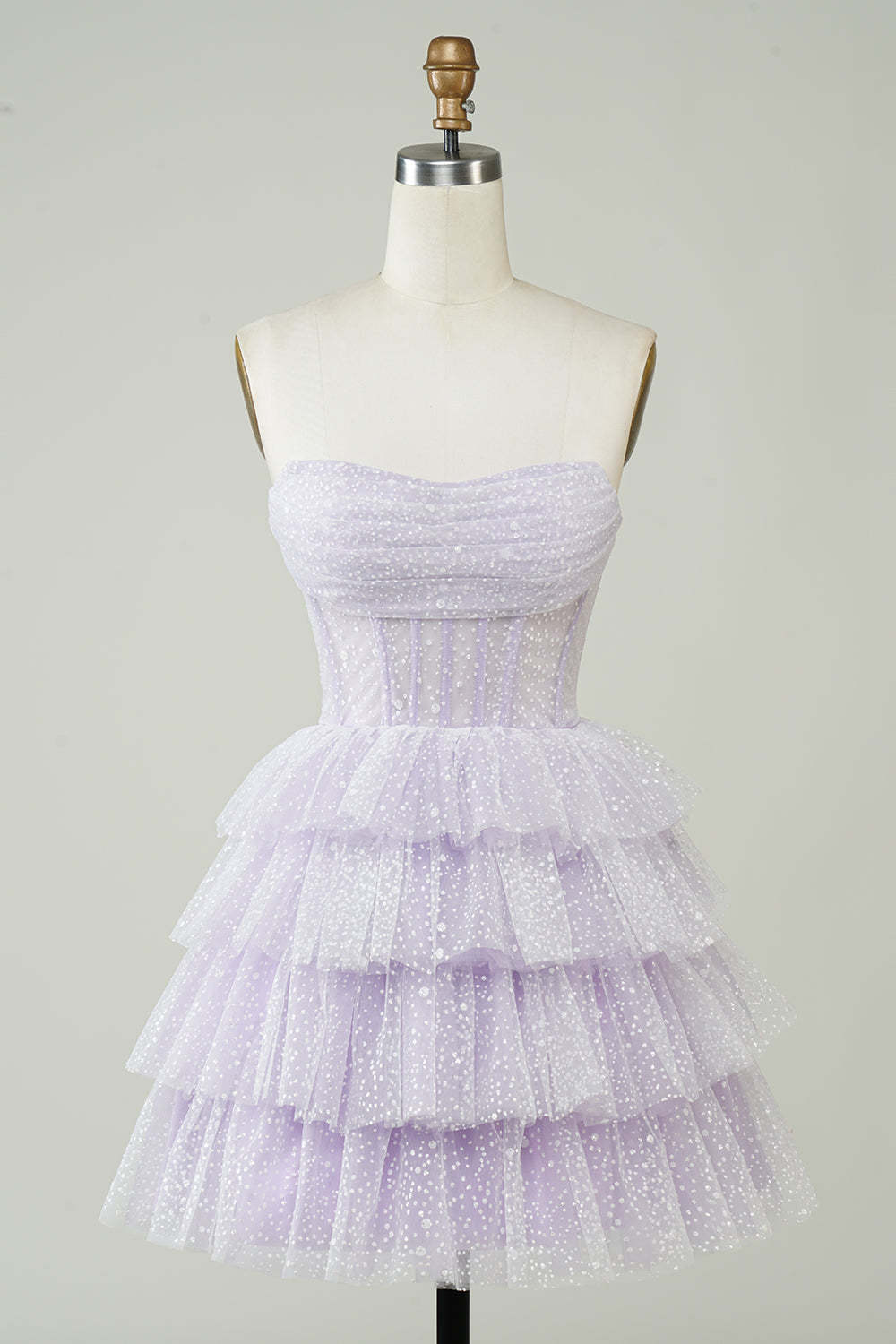 Sparkly Light Purple Strapless Corset Polka Dots Tiered Cute Homecoming Dress