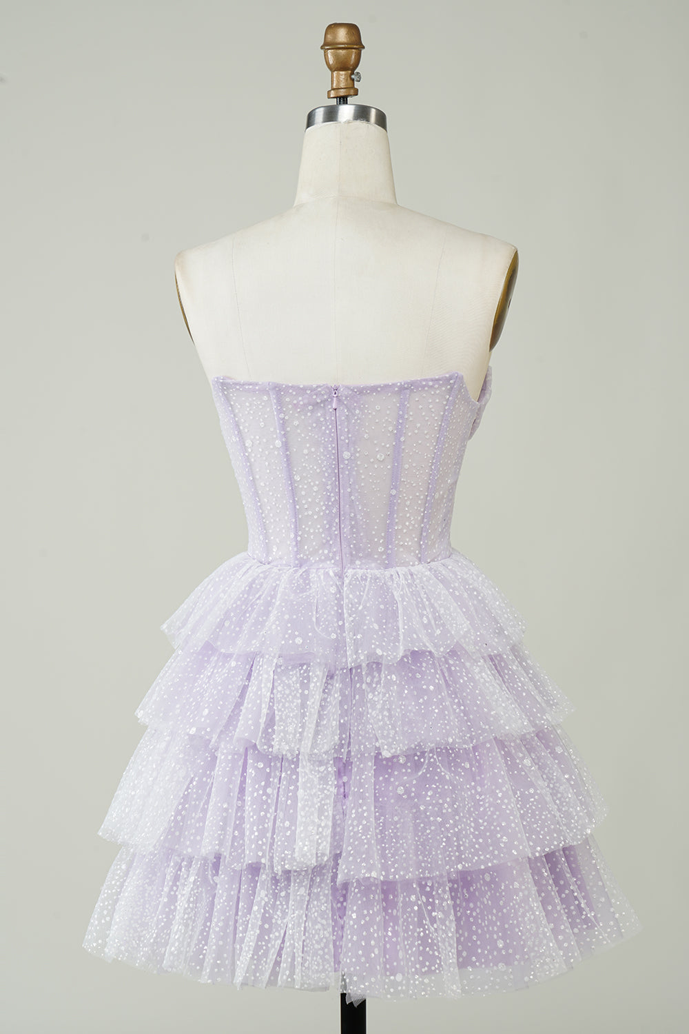 Sparkly Light Purple Strapless Corset Polka Dots Tiered Cute Homecoming Dress