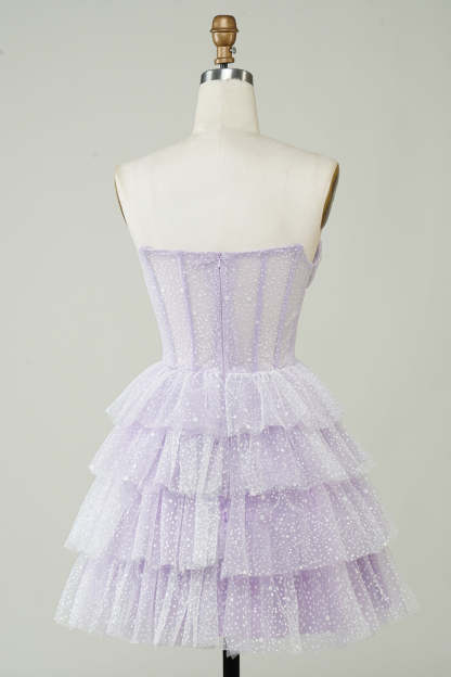Sparkly Light Purple Strapless Corset Polka Dots Tiered Cute Homecoming Dress