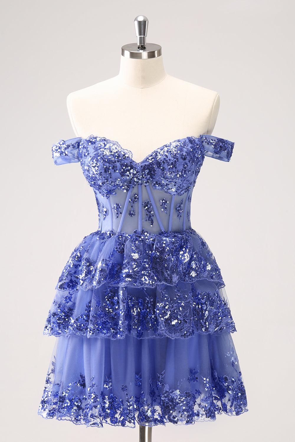Modecrush Women Sparkly Dark Blue Homecoming Dress with Ruffles A Line Off the Shoulder Corset Short Prom Dress