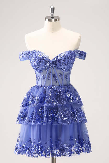 Modecrush Women Sparkly Dark Blue Homecoming Dress with Ruffles A Line Off the Shoulder Corset Short Prom Dress