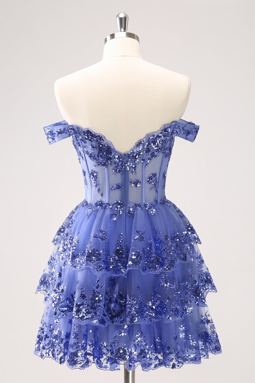 Modecrush Sparkly A Line Off the Shoulder Dark Blue Corset Homecoming Dress with Ruffles