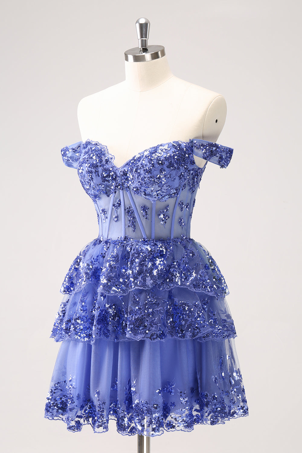 Modecrush Sparkly A Line Off the Shoulder Dark Blue Corset Homecoming Dress with Ruffles