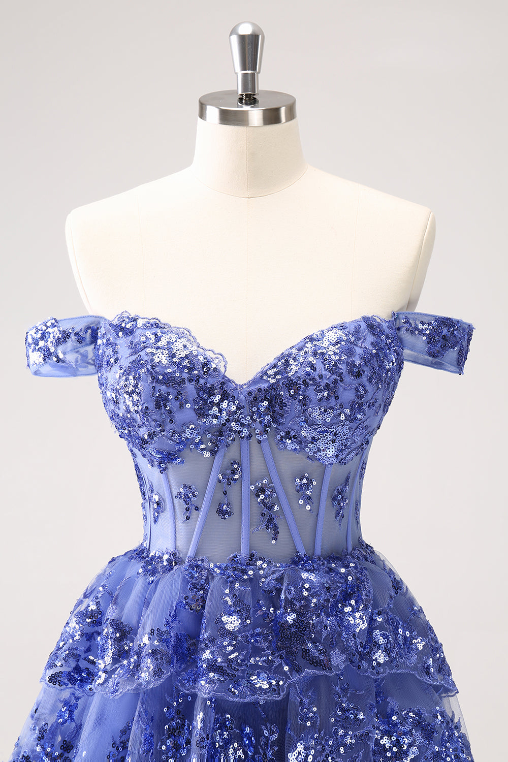Modecrush Sparkly A Line Off the Shoulder Dark Blue Corset Homecoming Dress with Ruffles