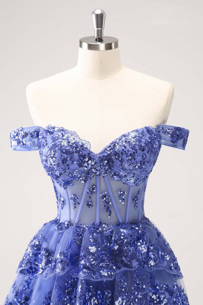 Modecrush Sparkly A Line Off the Shoulder Dark Blue Corset Homecoming Dress with Ruffles
