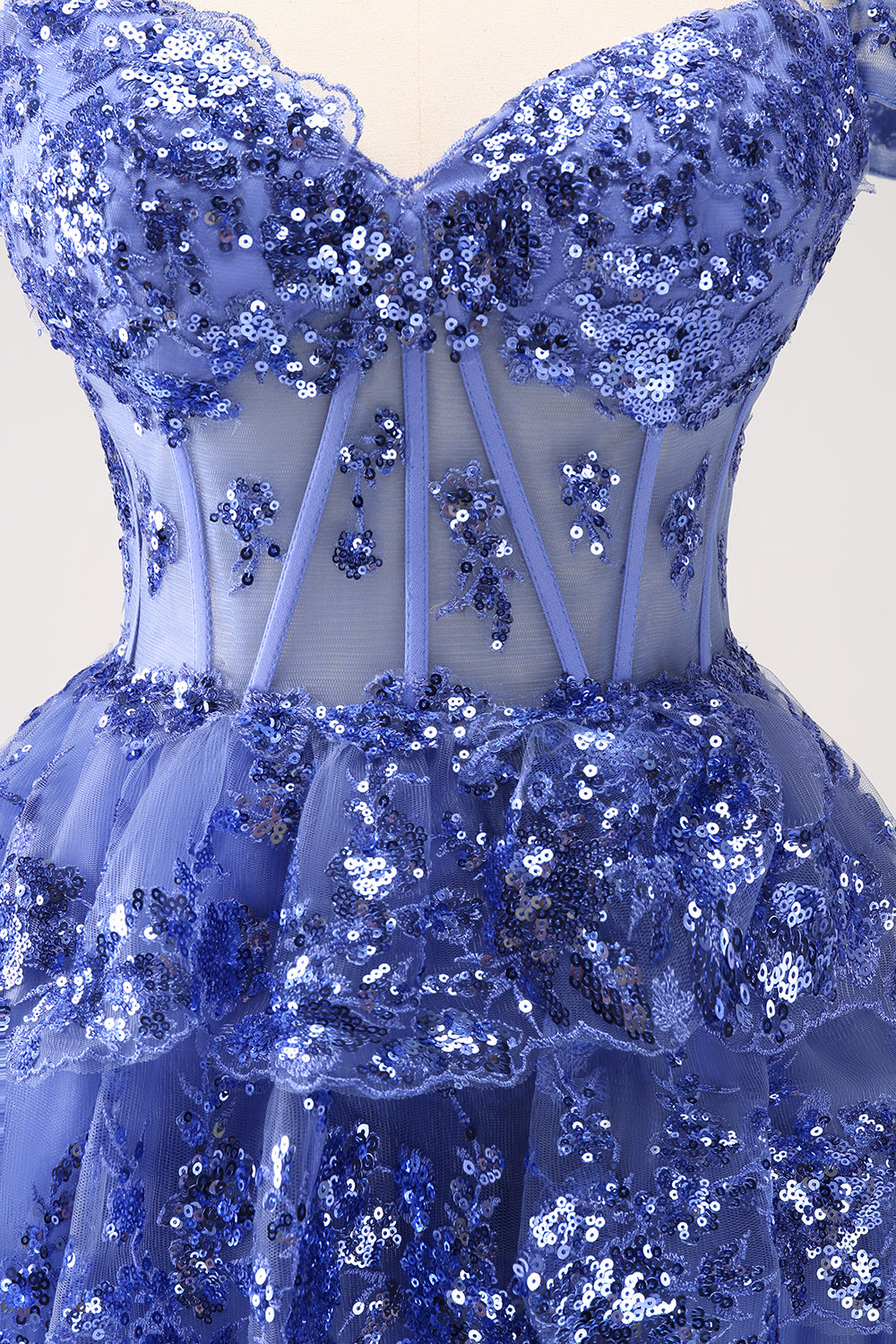 Modecrush Sparkly A Line Off the Shoulder Dark Blue Corset Homecoming Dress with Ruffles