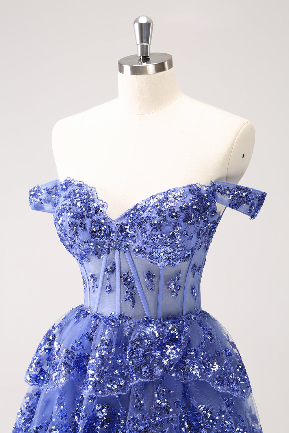 Modecrush Sparkly A Line Off the Shoulder Dark Blue Corset Homecoming Dress with Ruffles