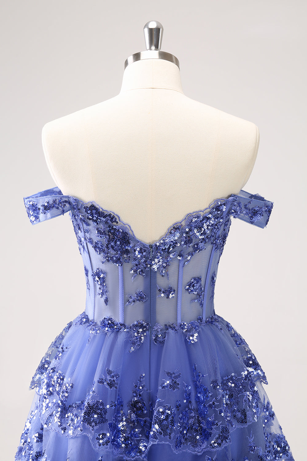 Modecrush Sparkly A Line Off the Shoulder Dark Blue Corset Homecoming Dress with Ruffles