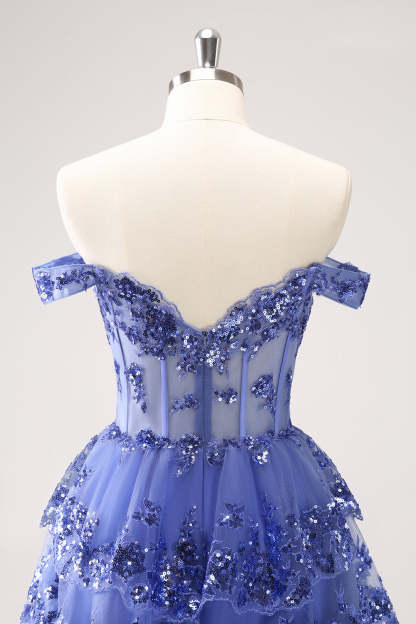 Modecrush Sparkly A Line Off the Shoulder Dark Blue Corset Homecoming Dress with Ruffles