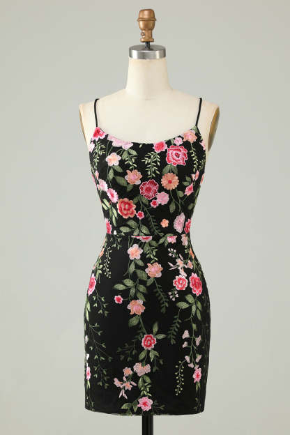 Black Homecoming Dress Spaghetti Straps Bodycon Cocktail DressWith Appliques