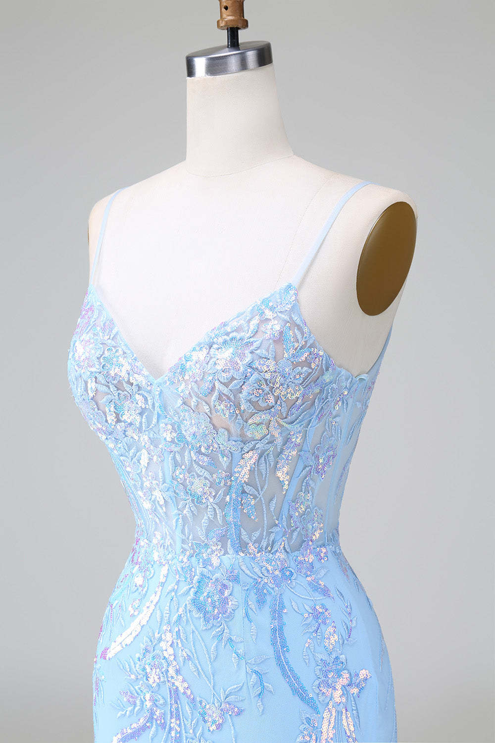 Homecoming Dress: Sparkly Lilac Blue Corset with Open Back & Embroidery