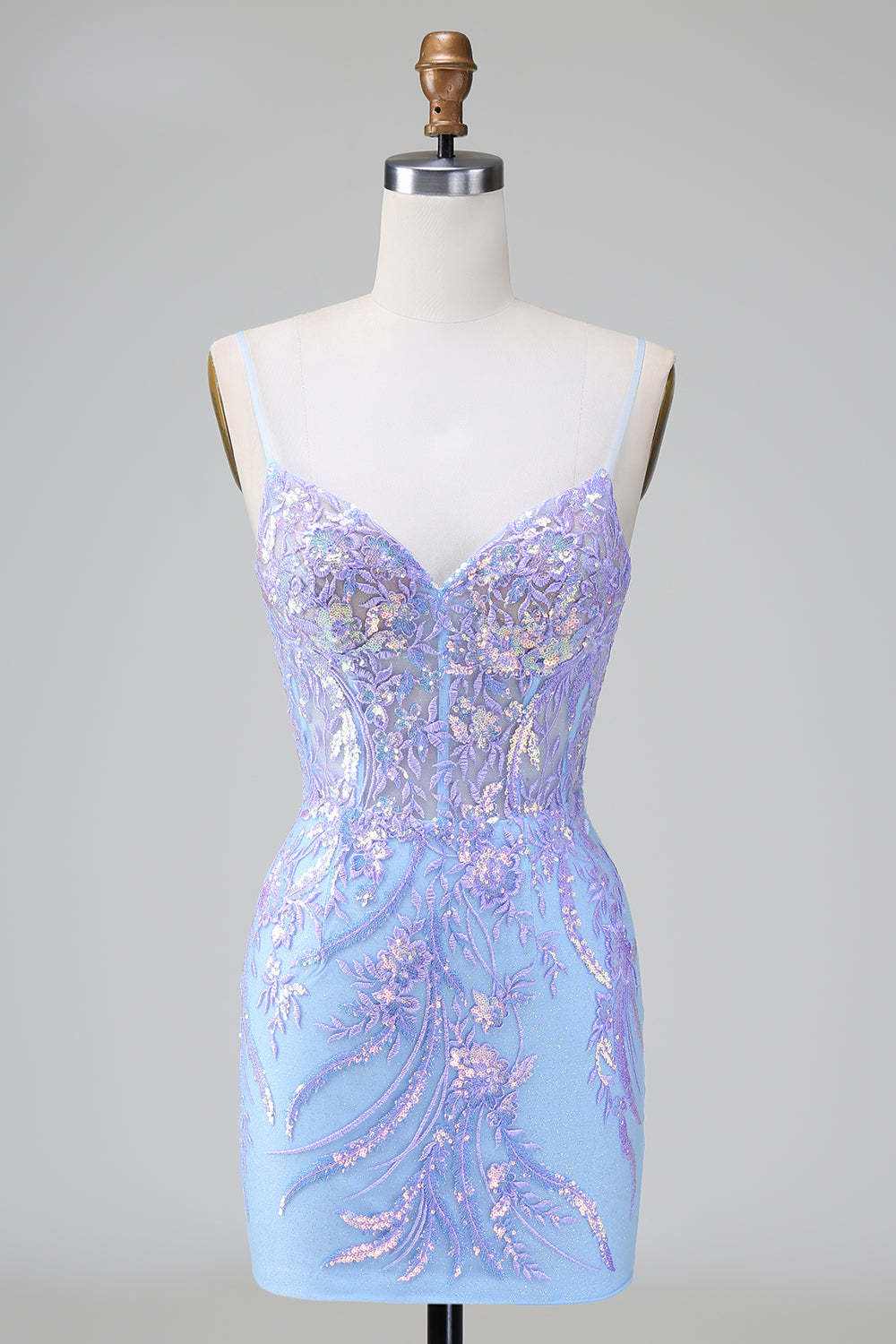 Homecoming Dress: Sparkly Lilac Blue Corset with Open Back & Embroidery
