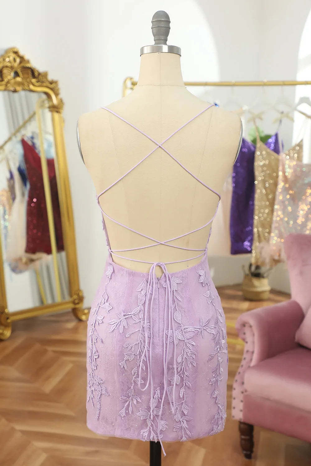Modecrush Purple Spaghetti Straps Backless Tight Homecoming Dress With Appliques