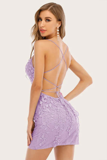 Modecrush Purple Spaghetti Straps Backless Tight Homecoming Dress With Appliques
