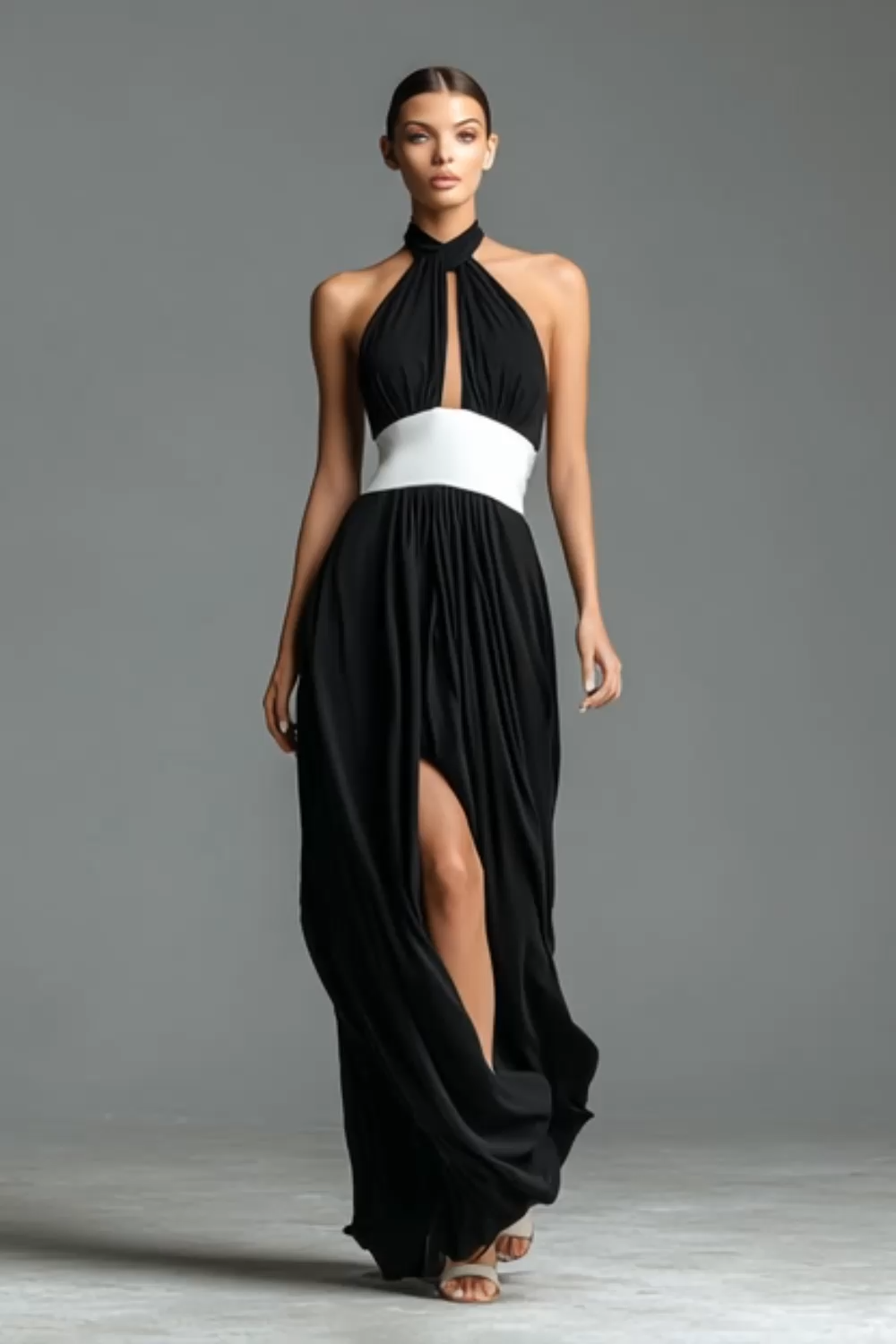 Modecrush Black A-Line Halter Long Formal Dress with Slit