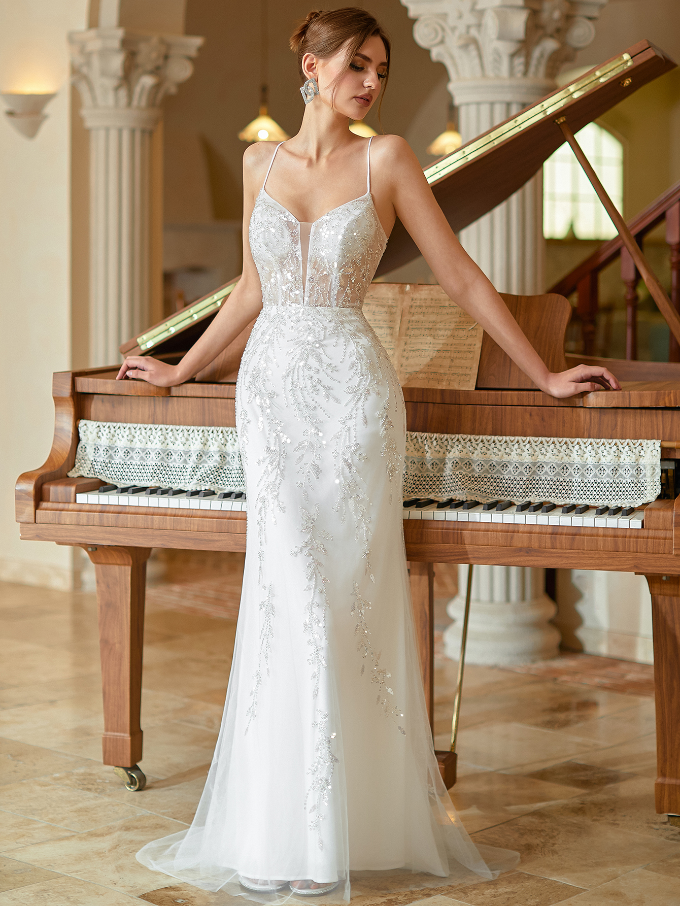 Modecrush Sexy Mermaid Spaghetti Straps V-Neck Maxi Evening Party Dress