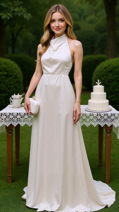 Modecrush White Satin Halter A-Line Long Dress