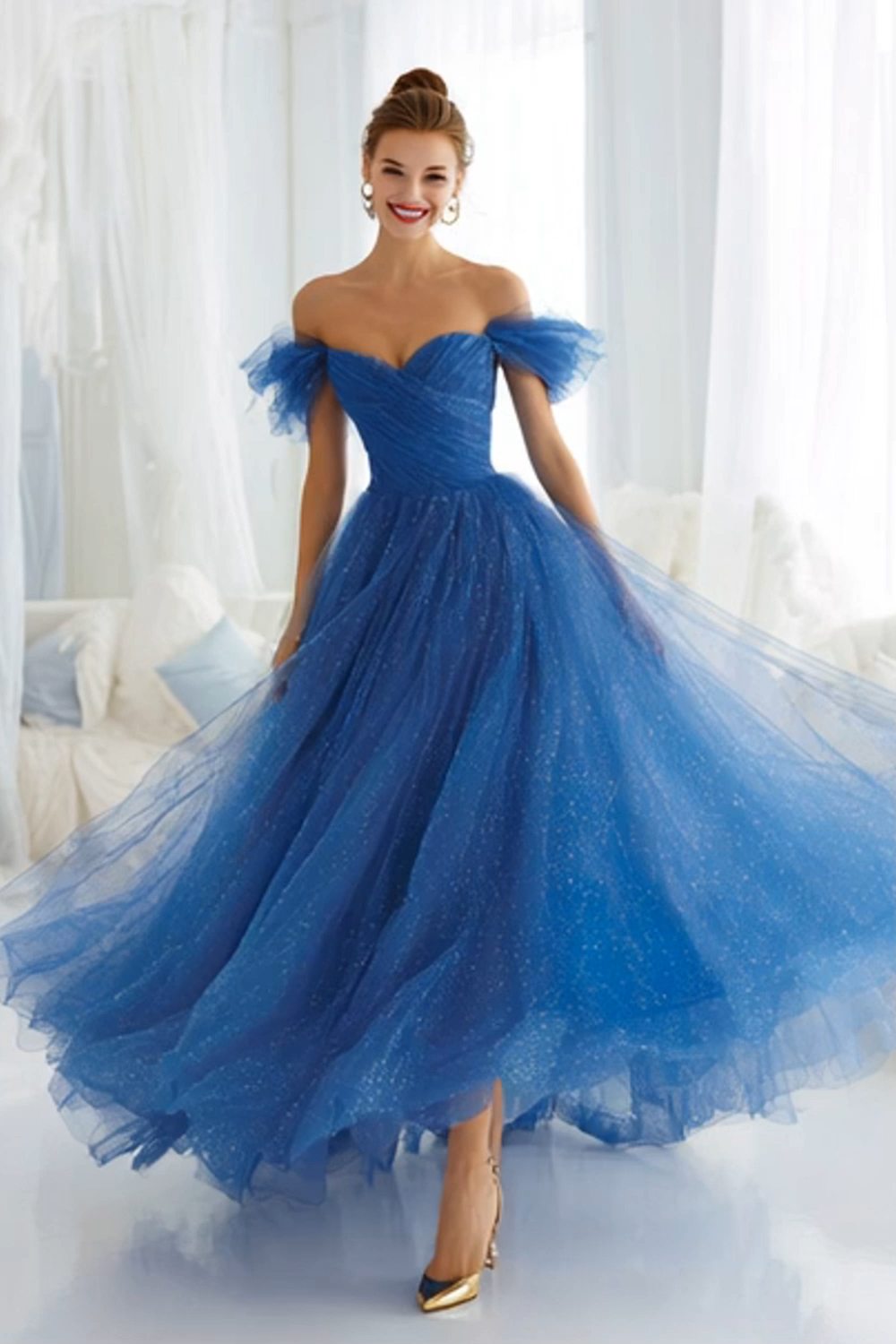 Modecrush Sparkly Royal Blue Off the Shoulder Long Prom Dress with Sequin