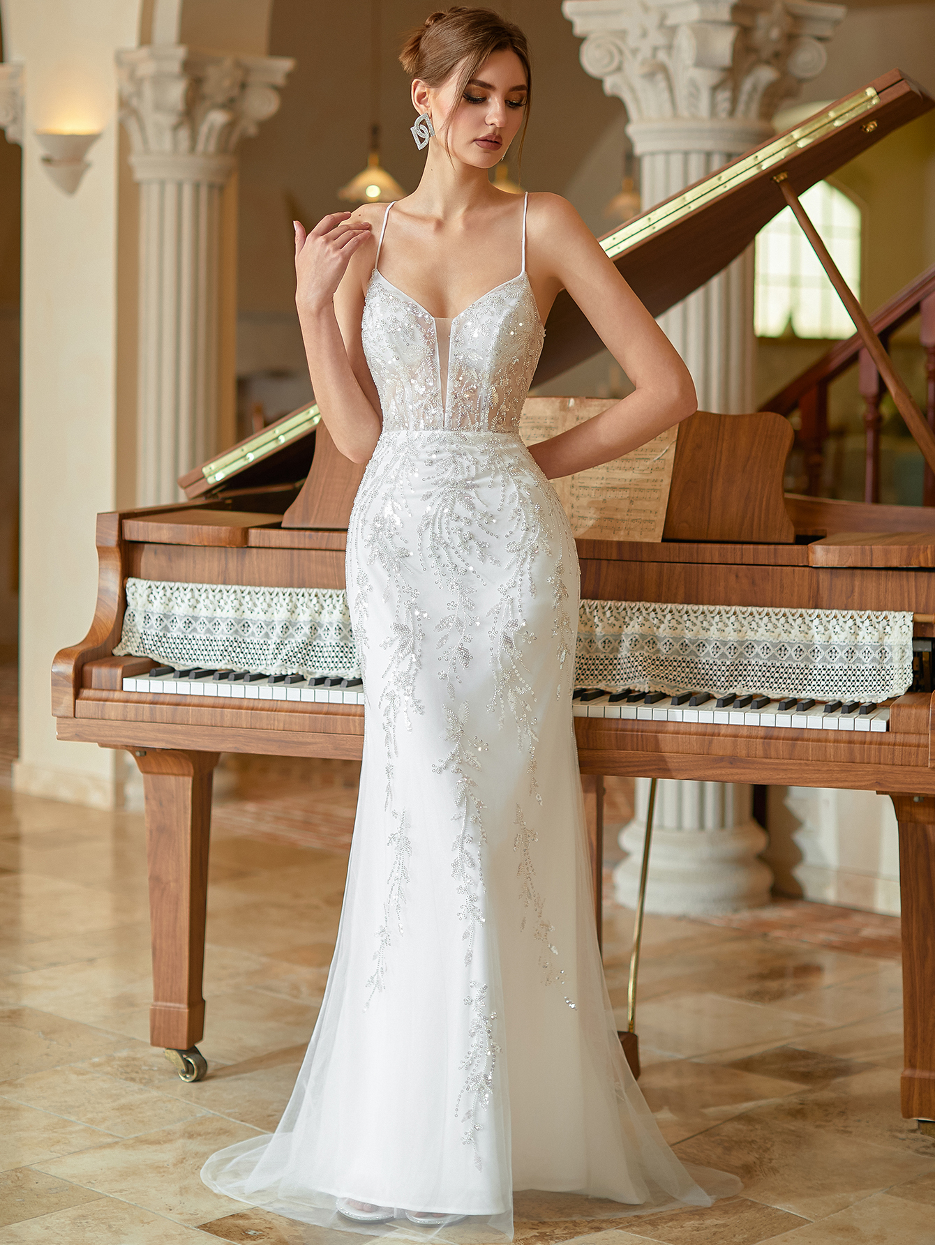 Modecrush Sexy Mermaid Spaghetti Straps V-Neck Maxi Evening Party Dress