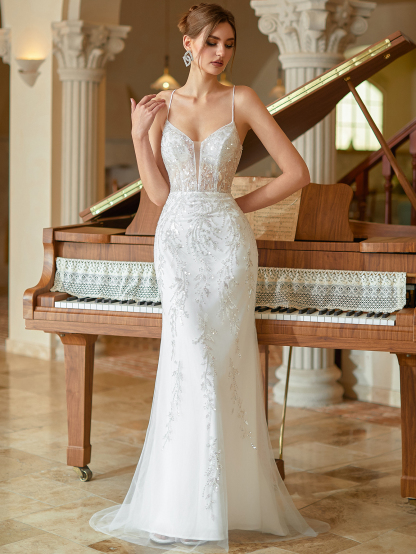 Modecrush Sexy Mermaid Spaghetti Straps V-Neck Maxi Evening Party Dress