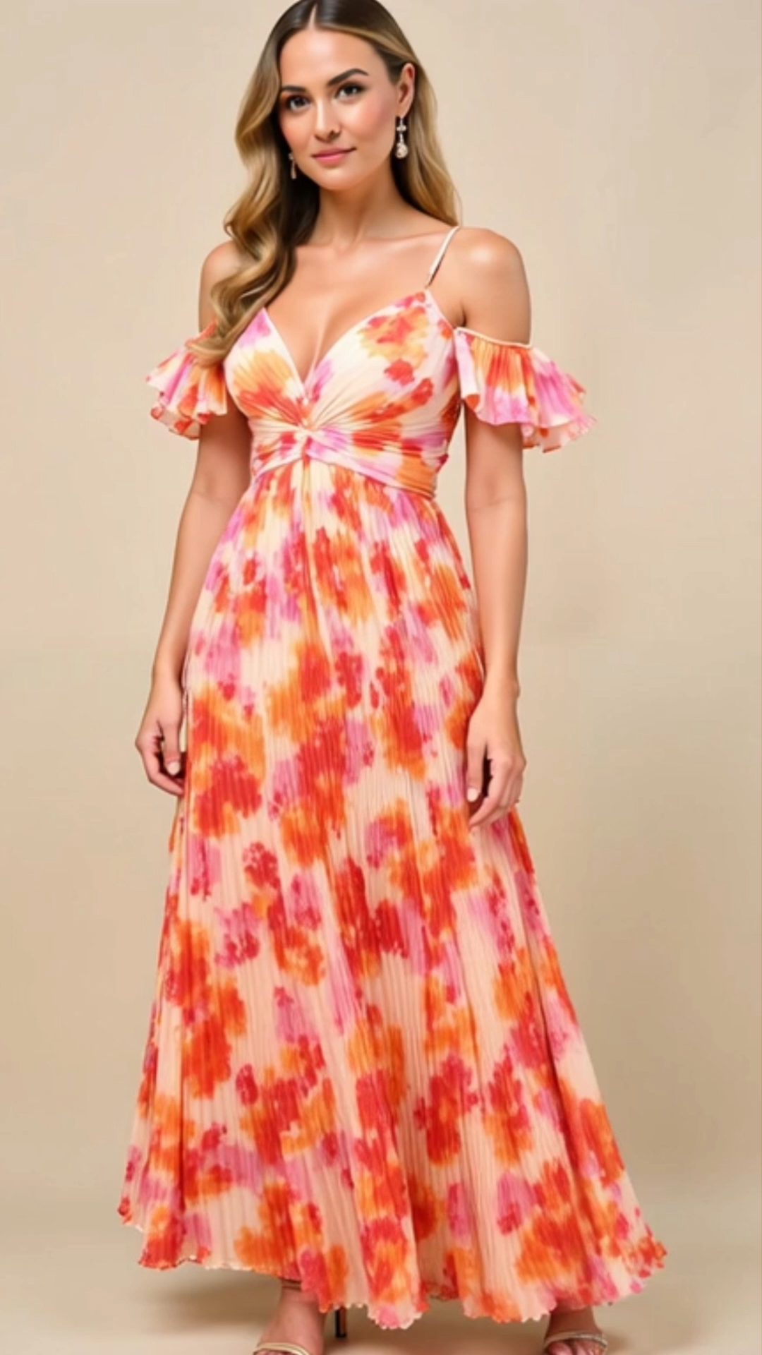 Modecrush Orange Floral Satin V-Neck A-Line Long Dress with Pleats