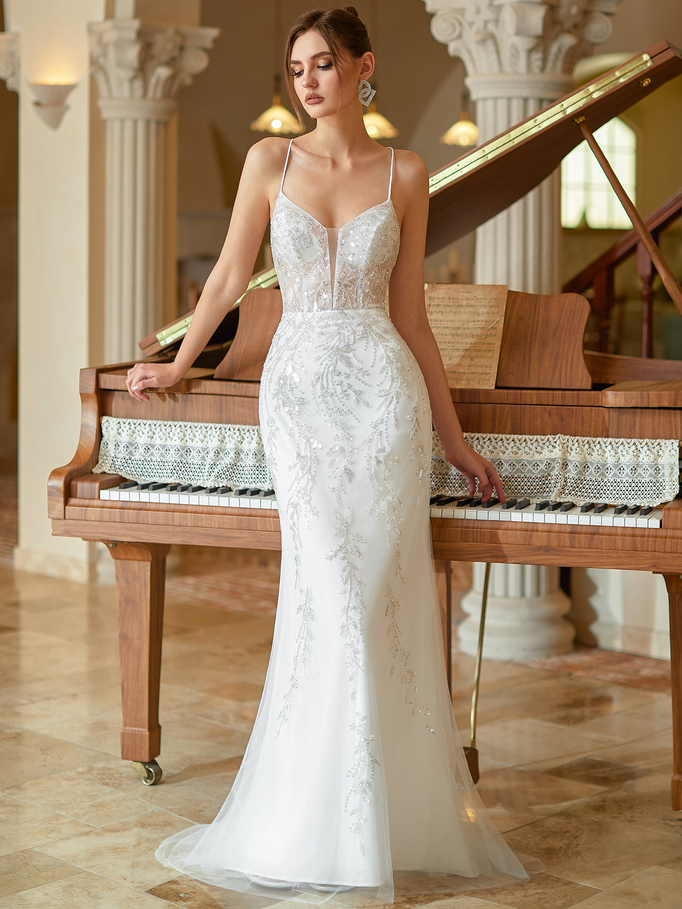 Modecrush Sexy Mermaid Spaghetti Straps V-Neck Maxi Evening Party Dress