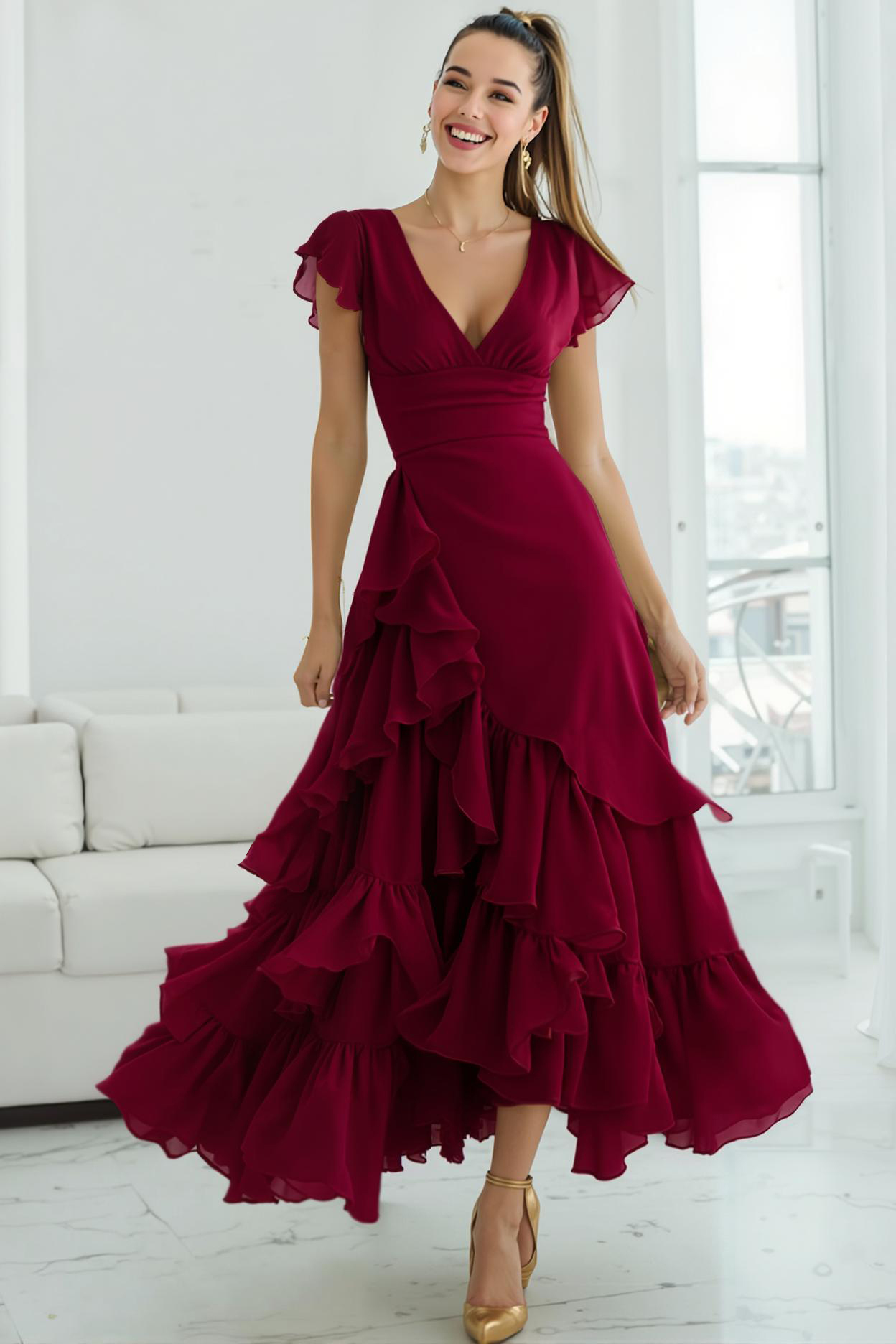 Modecrush Light Green A-Line V-Neck Chiffon Long Formal Dress with Ruffles