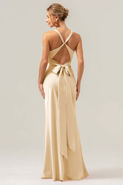 Modecrush Pink Mermaid V Neck Ruched Satin Long Bridesmaid Dress with Lace Up Back