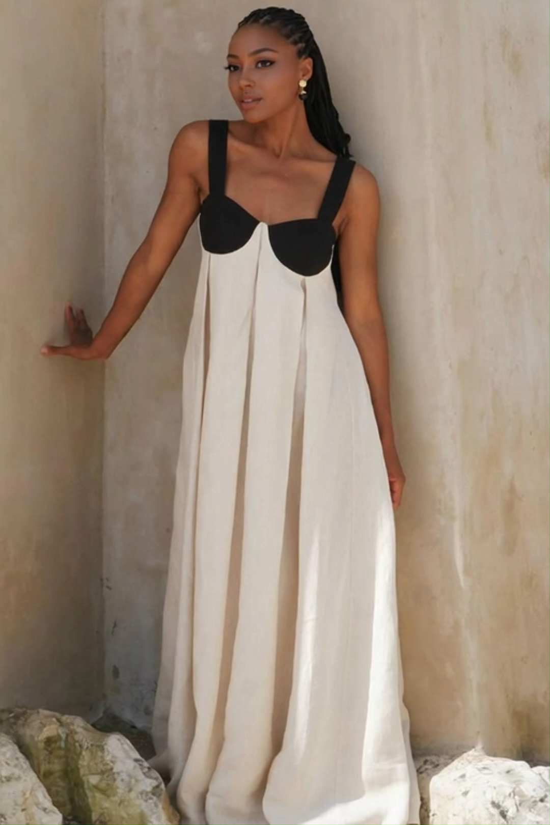 Modecrush White Pleated Cotton-Linen Crew Neck Long Formal & Vacation Dress
