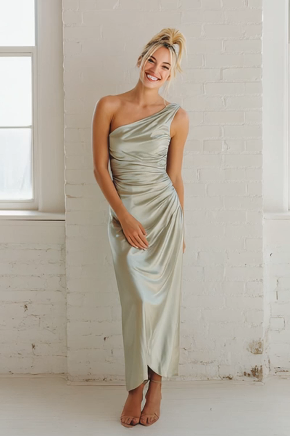 Modecrush Dusty Sage Ruched One-Shoulder Backless Bodycon Long Evening Dress