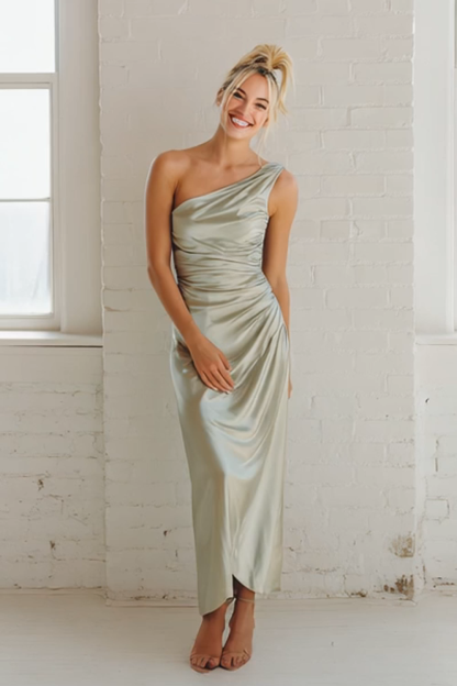 Modecrush Dusty Sage Ruched One-Shoulder Backless Bodycon Long Evening Dress