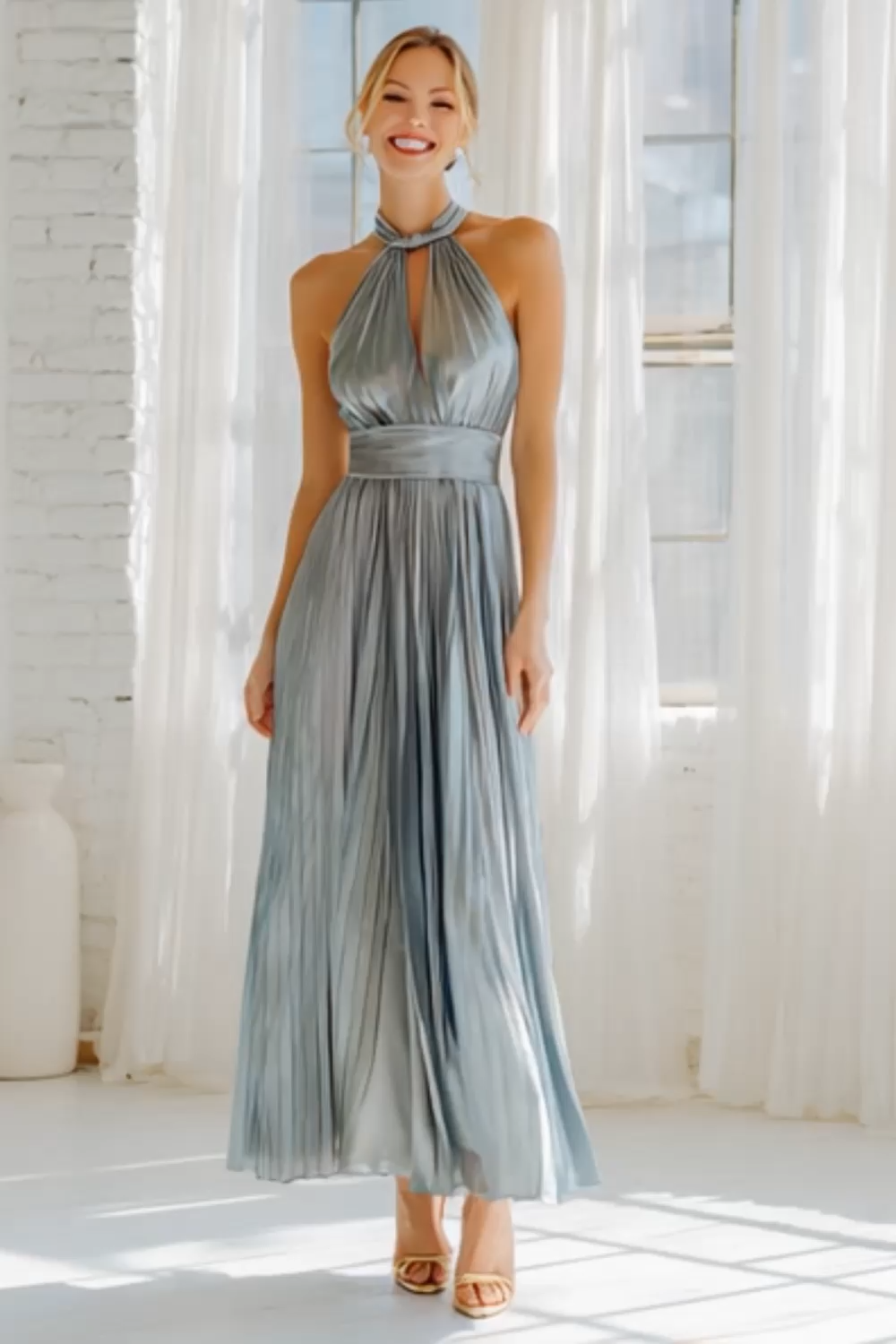 Modecrush A-Line Light Blue Halter Pleated Satin Long Formal Dress