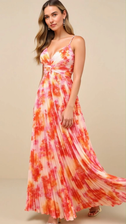Modecrush Orange Pleated Satin V-Neck Long Formal & Vacation Dress