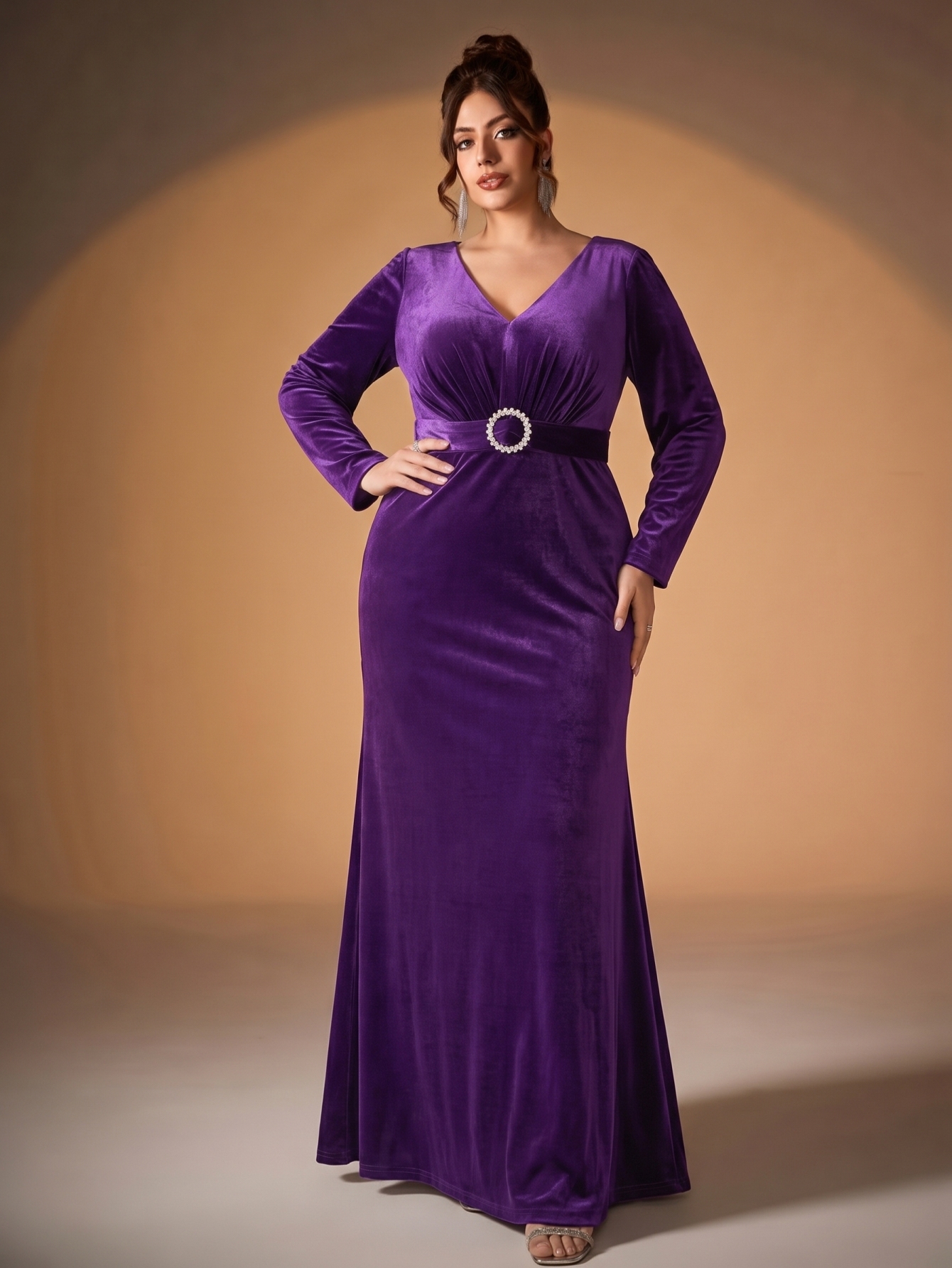 Leely Plus Women's Elegant V Neck Long Sleeve Mermaid Party Dresses