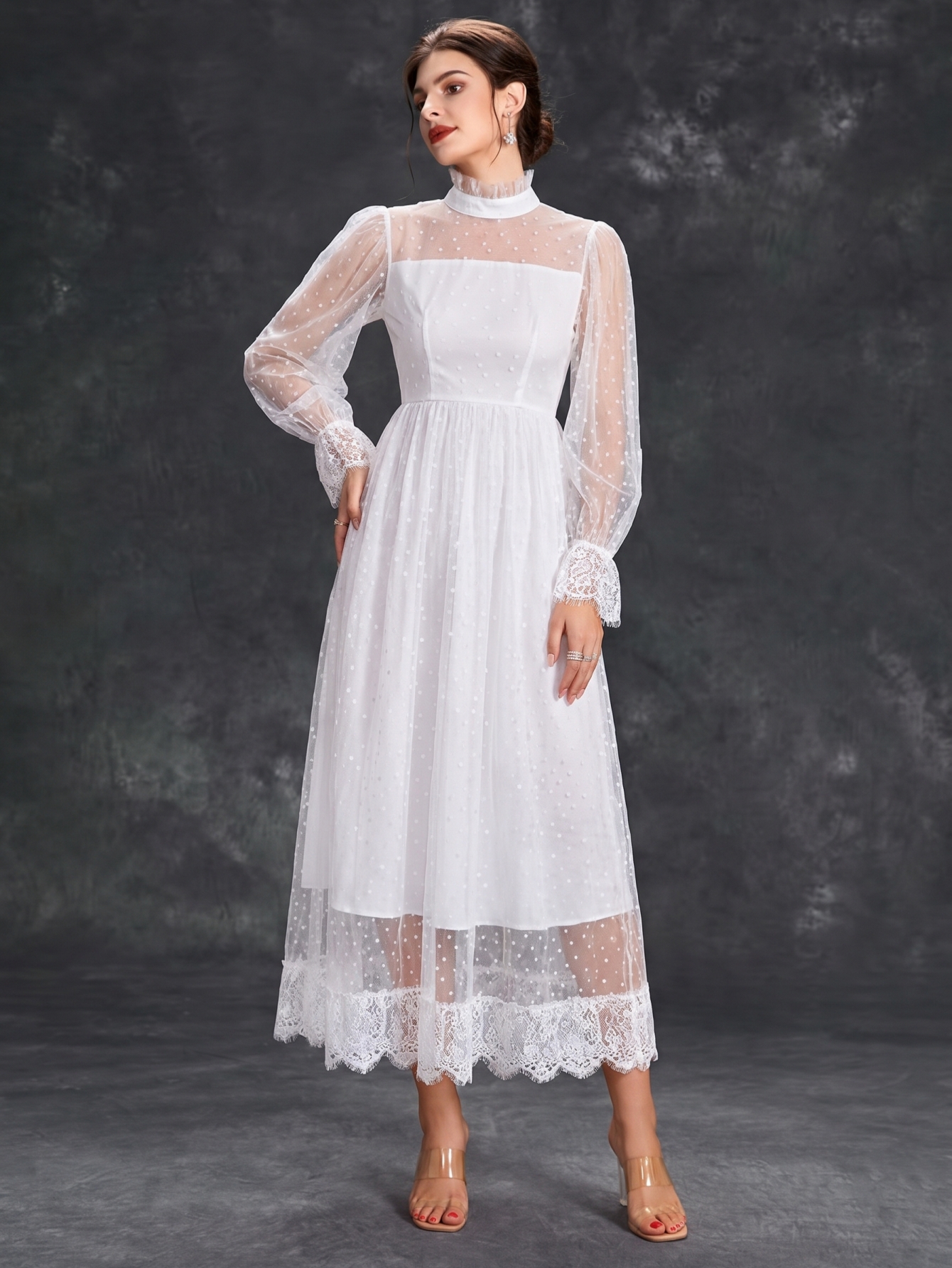 Leely Plus Women's Elegant High Neck Flare Sleeve Dresses