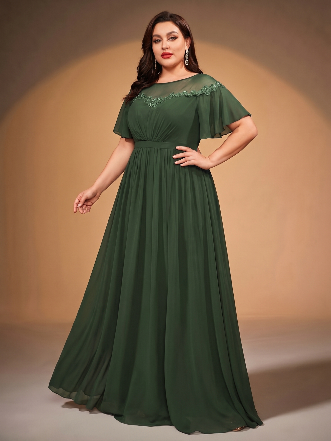 Leely Plus Women's Elegant Cape Sleeve Formal Evening Gown