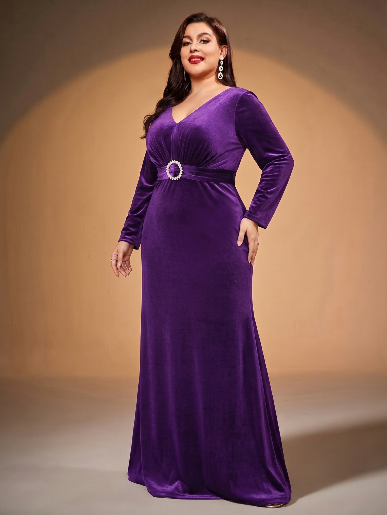 Leely Plus Women's Elegant V Neck Long Sleeve Mermaid Party Dresses
