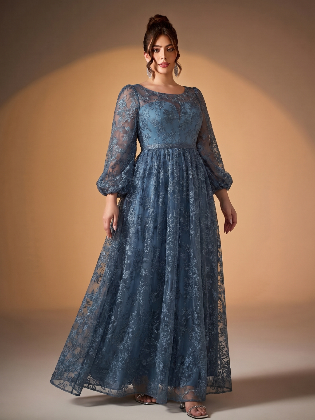 Leely Plus Women's Elegant Round Neck Bishop Sleeve Party Dresses