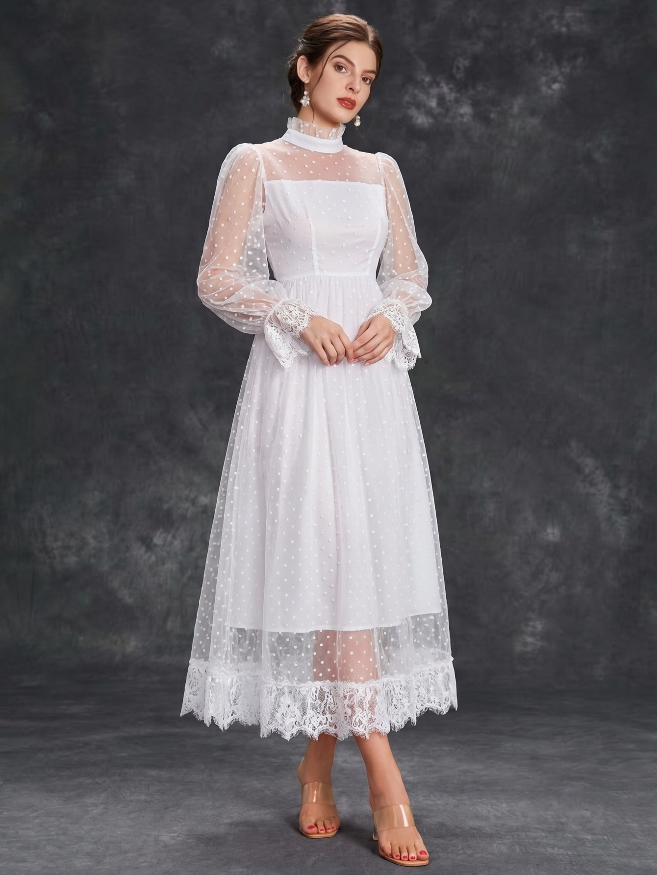 Leely Plus Women's Elegant High Neck Flare Sleeve Dresses
