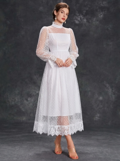 Leely Plus Women's Elegant High Neck Flare Sleeve Dresses