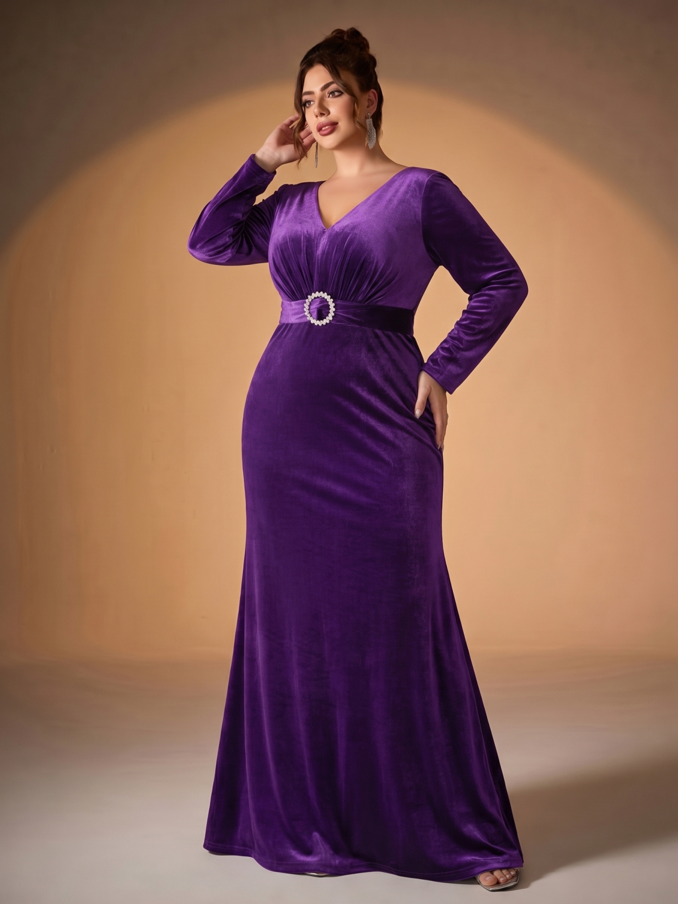 Leely Plus Women's Elegant V Neck Long Sleeve Mermaid Party Dresses