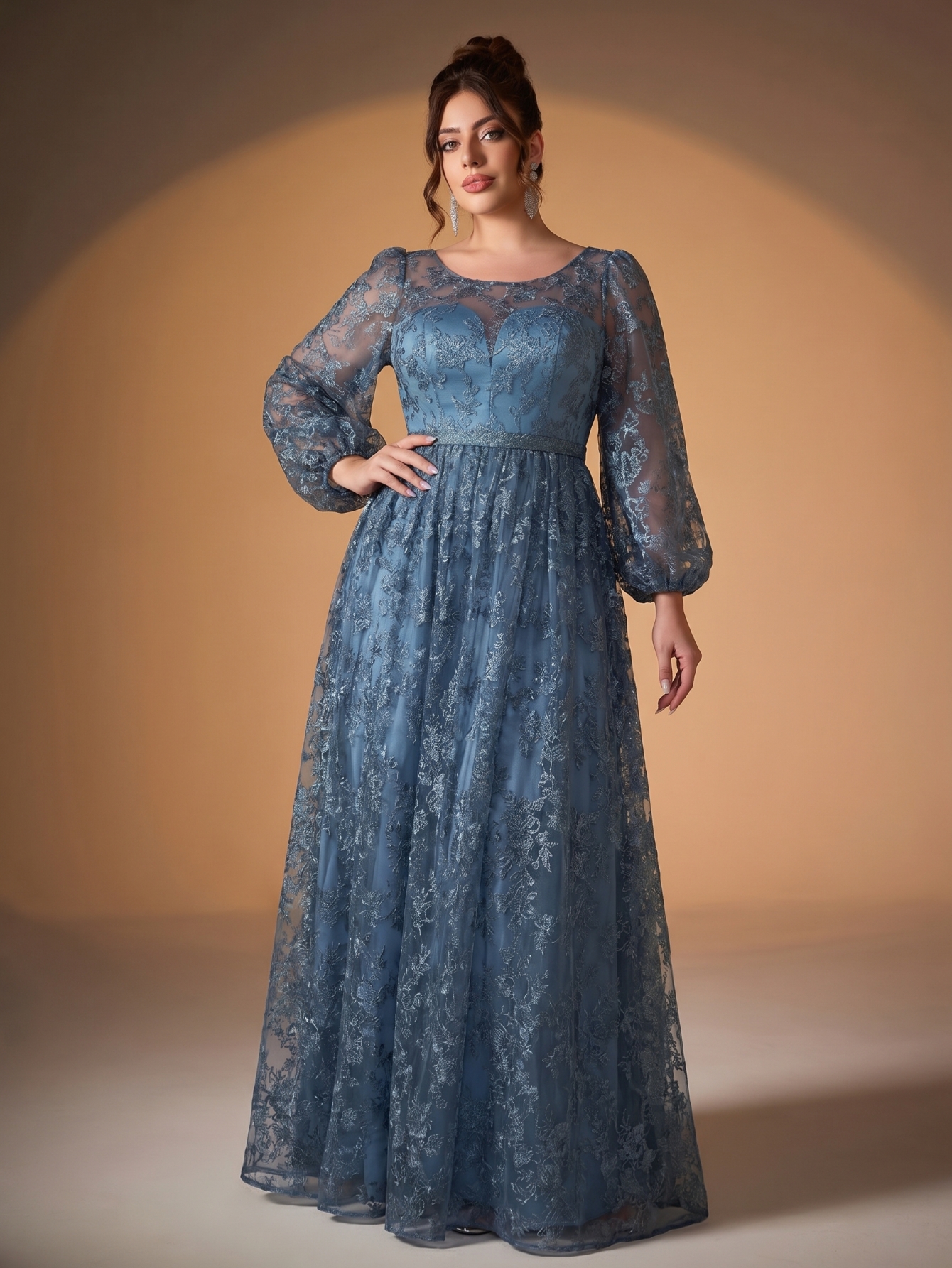 Leely Plus Women's Elegant Round Neck Bishop Sleeve Party Dresses