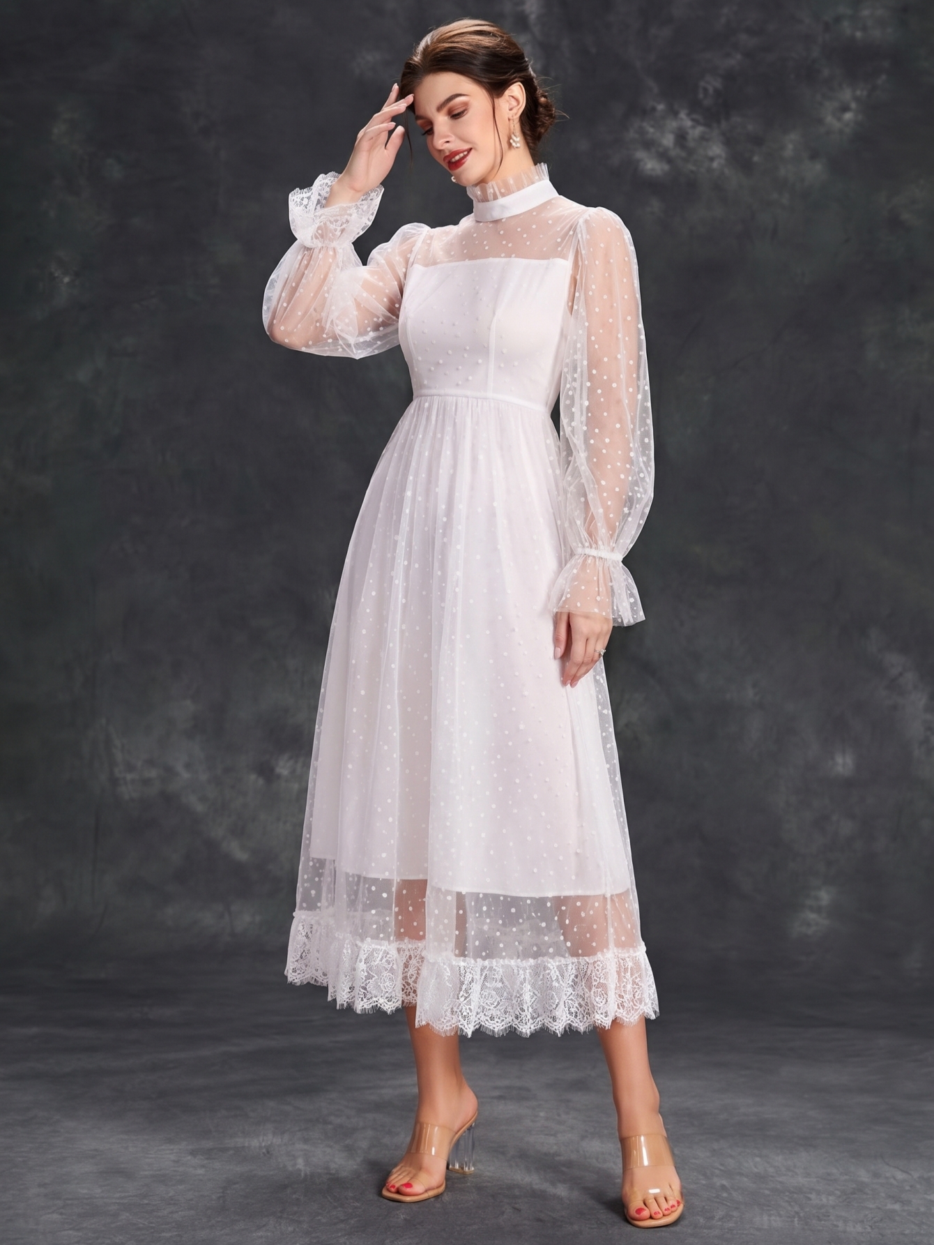 Leely Plus Women's Elegant High Neck Flare Sleeve Dresses