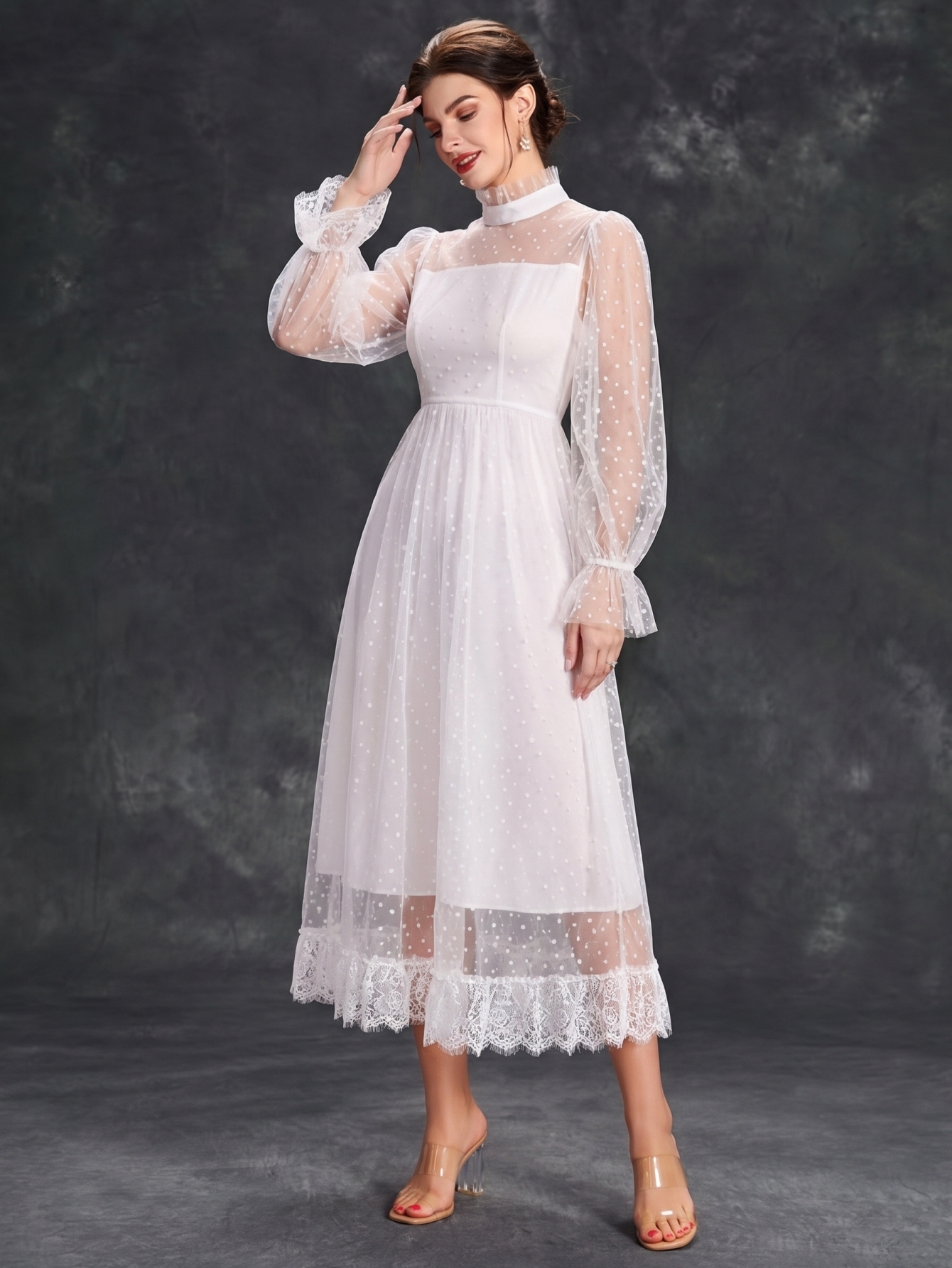 Leely Plus Women's Elegant High Neck Flare Sleeve Dresses