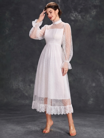 Leely Plus Women's Elegant High Neck Flare Sleeve Dresses