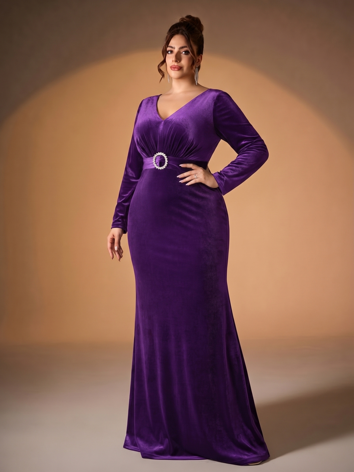 Leely Plus Women's Elegant V Neck Long Sleeve Mermaid Party Dresses