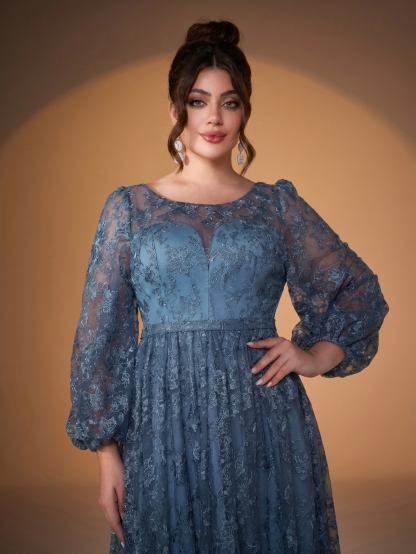 Leely Plus Women's Elegant Round Neck Bishop Sleeve Party Dresses
