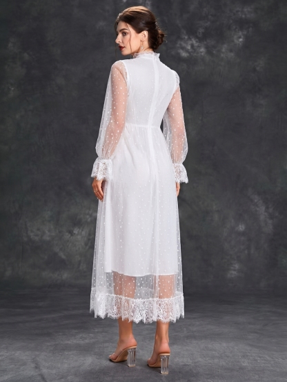 Leely Plus Women's Elegant High Neck Flare Sleeve Dresses