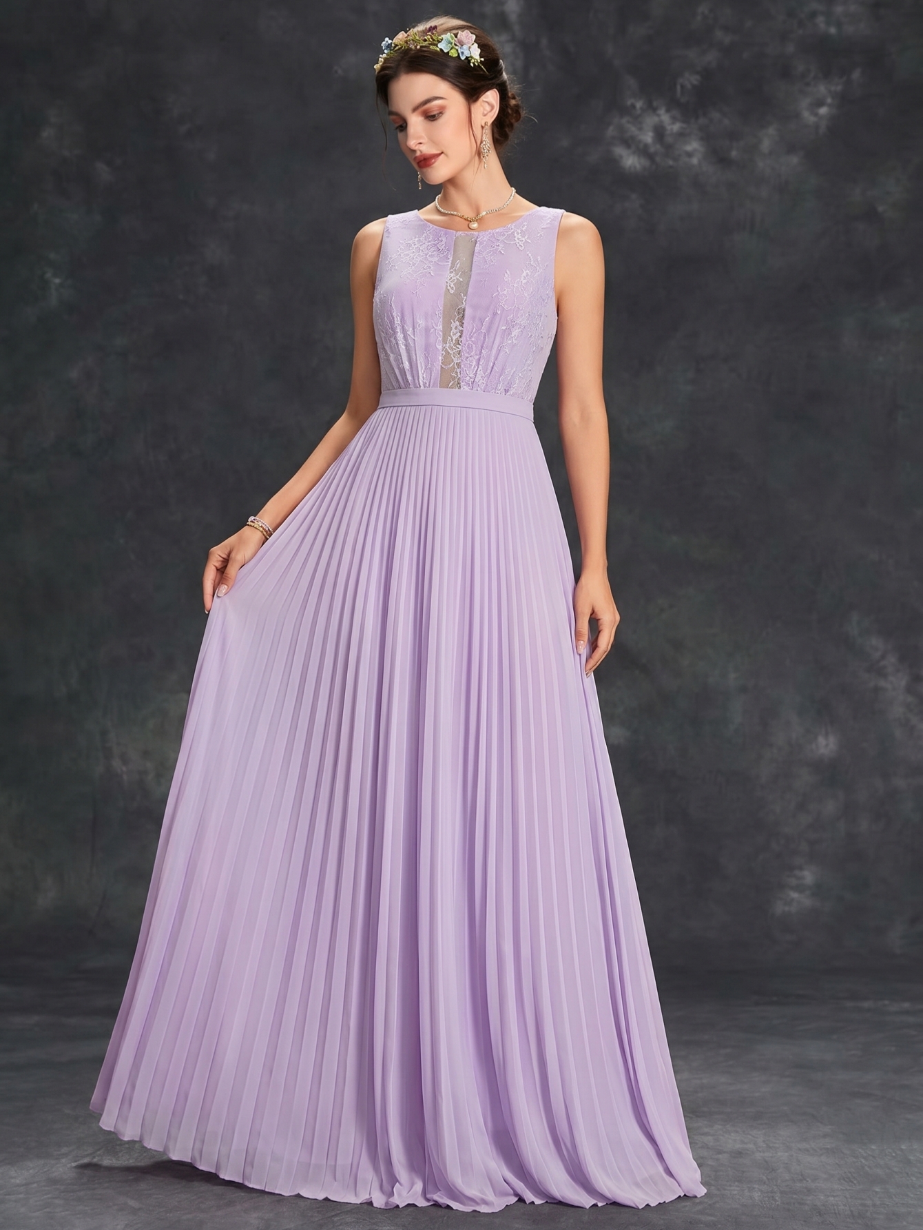 Leely Lavender Lace & Pleated Chiffon A-Line Bridesmaid Dress
