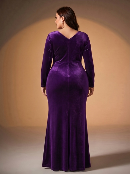 Leely Plus Women's Elegant V Neck Long Sleeve Mermaid Party Dresses